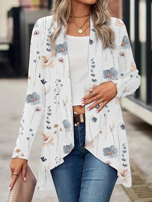Women's Casual Jacket Outdoor Oversized Floral Print Breathable Loose Fit Outerwear Long Sleeve Spring Fall White Daily Street Vacation