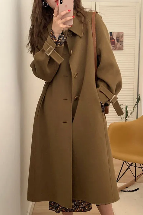 Solid Sleeve Belt Long Coat