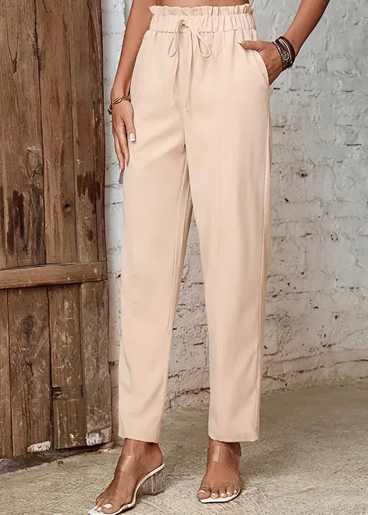Beige Pocket Drawastring High Waisted Pants