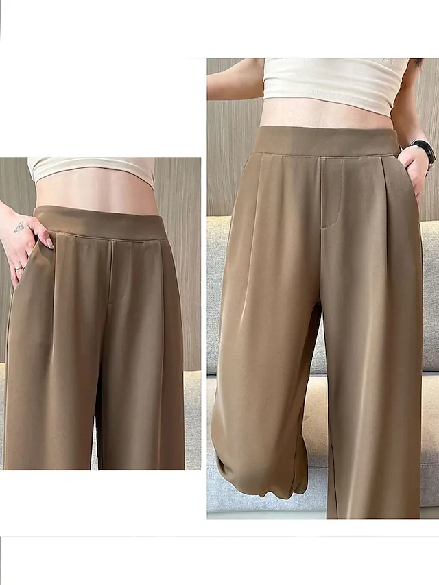 Women's Dress Pants Wide Leg Maillard Trousers Full Length Pocket Baggy Micro-elastic High Waist Fashion Streetwear Work Street Black Blue M L Summer Fall