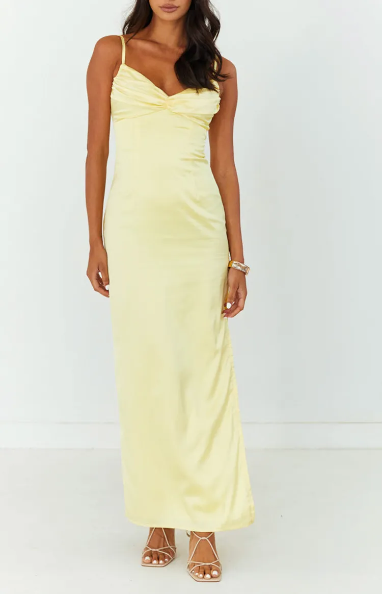 Sleeveless Yellow Satin Maxi Dress
