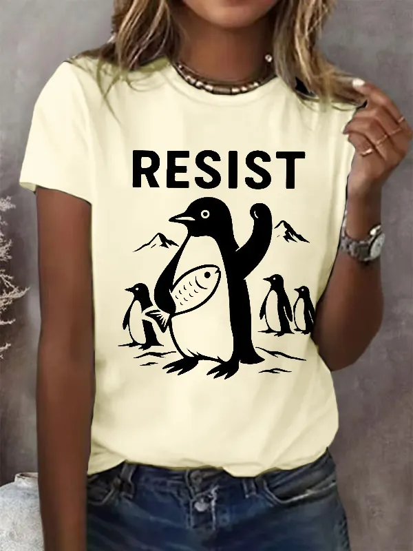 Women'S T-Shirt Women'S Penguins Resist Print Round Neck T-Shirt