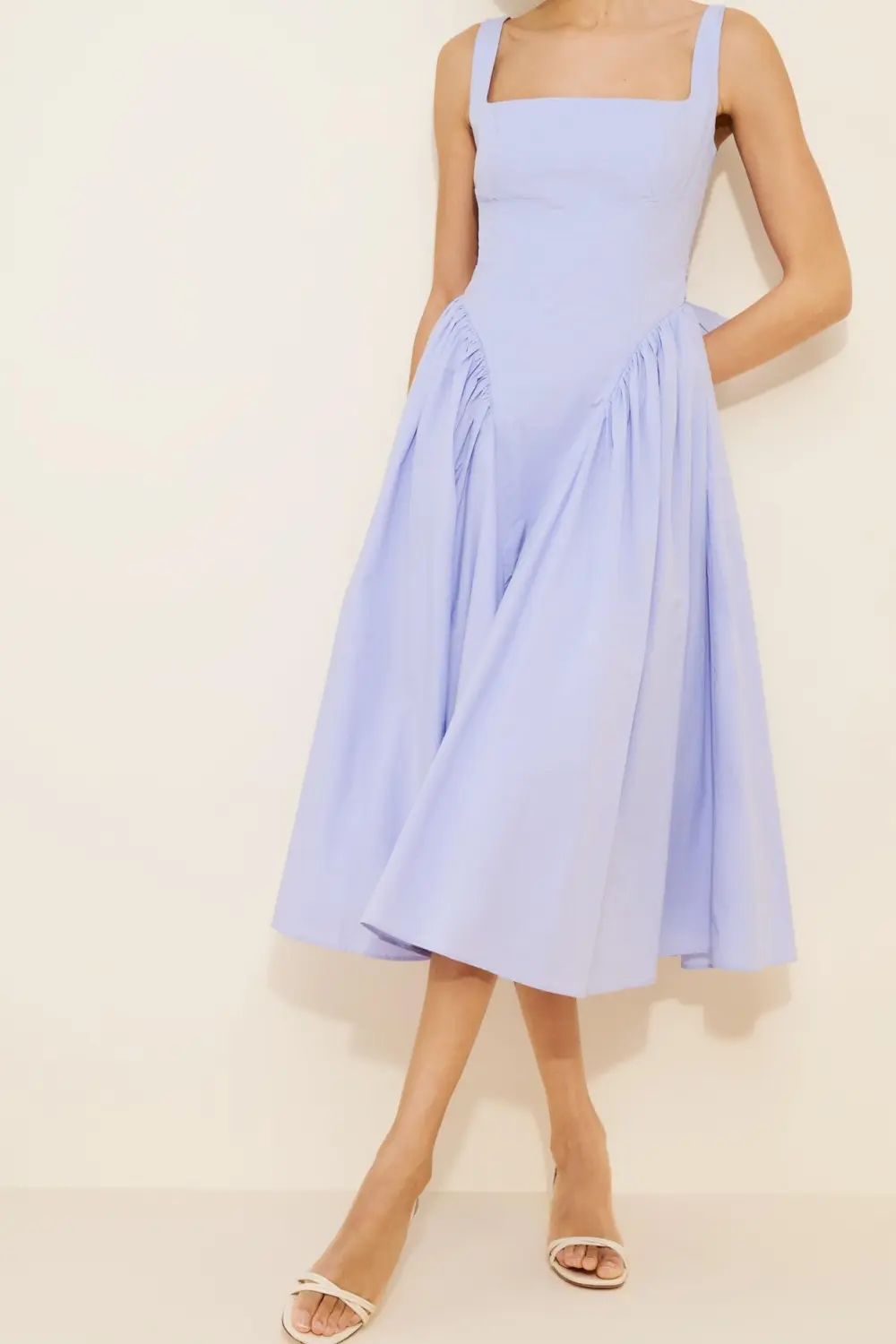 Square-Neck Basque-Waist Midi Dress