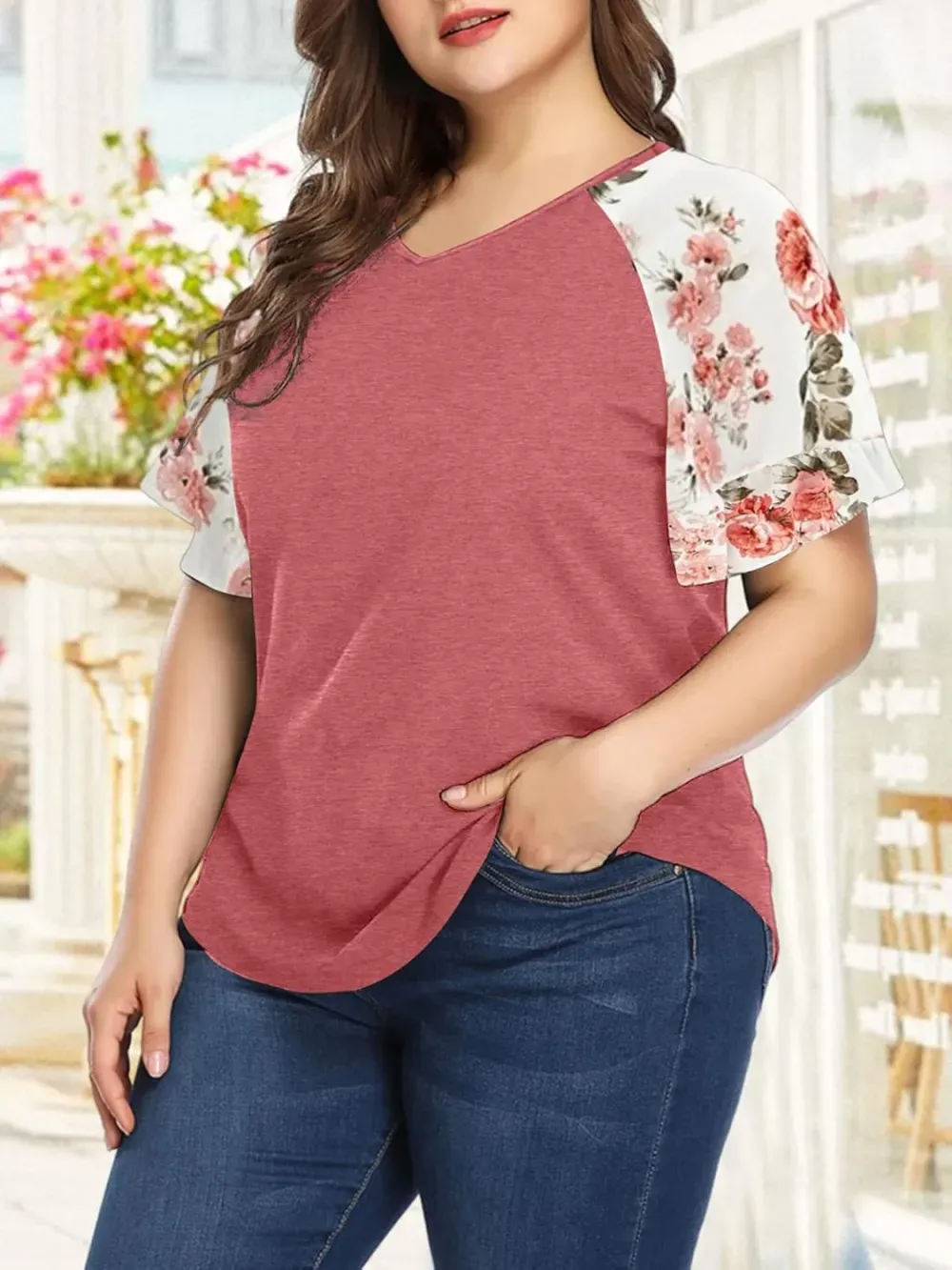HDLTE Womens Plus Size Tops Floral Bell Sleeves Blouses Summer Crewneck Tunic Loose Casual T Shirts