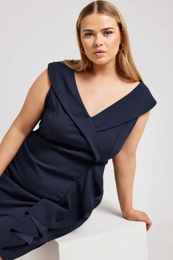 YOURS LONDON Curve Navy Blue Tuxedo Style Ruffle Dress