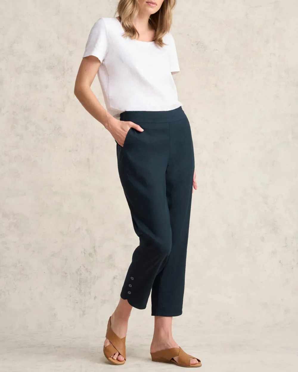 Mid Waist Curved Hem Linen Trousers