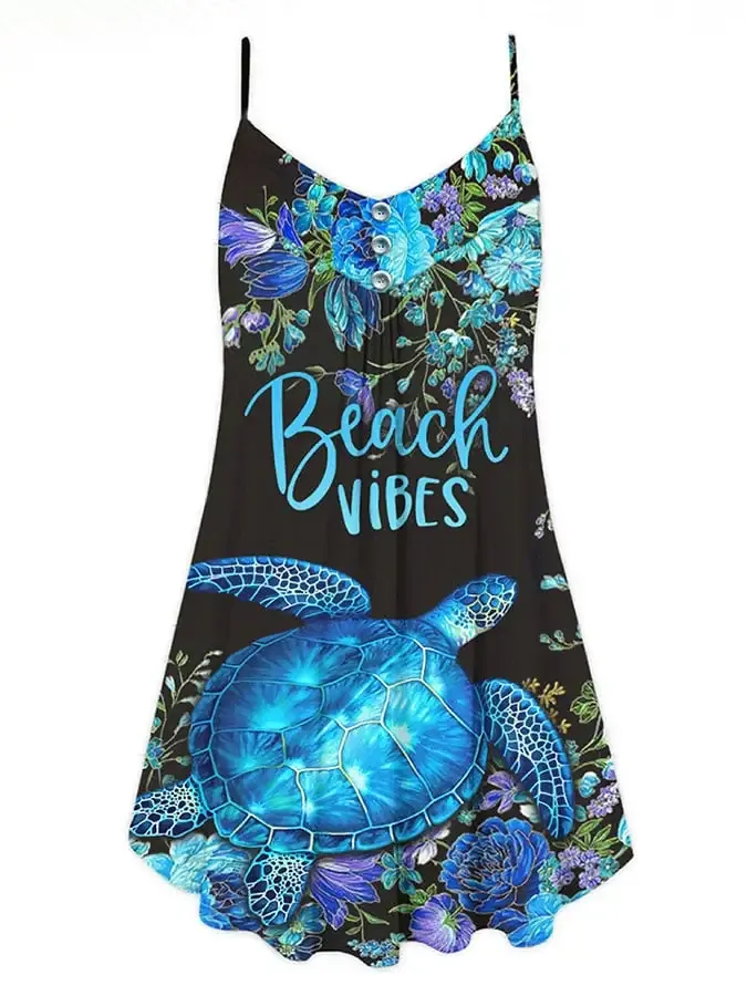 Vacation Sea Turtle Flowers Beach Vibe Print Spaghetti Strap Dress Swimsuit Coverup