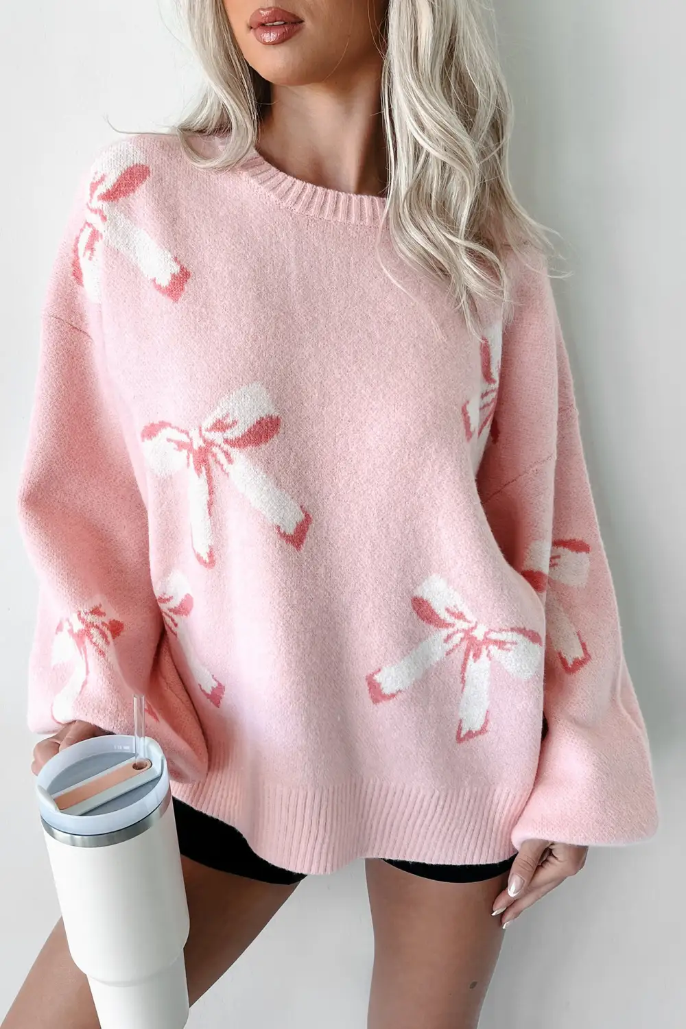 Pink With Bow Print Sweater