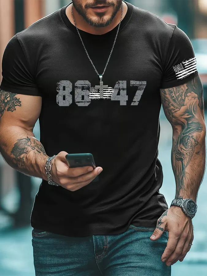 Men'S T-Shirt Men'S Retro 8647 Print Casual Round Neck T-Shirt