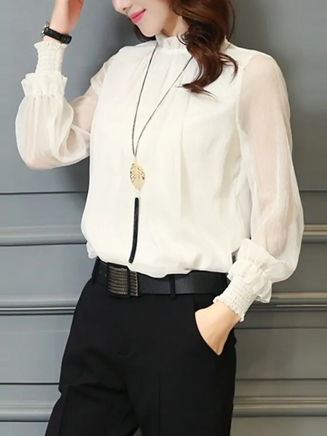 Women's Shirt Blouse Eyelet top Turtleneck shirt Wine Black White Mesh See Through Long Sleeve Office Work Business Basic Casual Regular Regular Fit Lantern Sleeve M