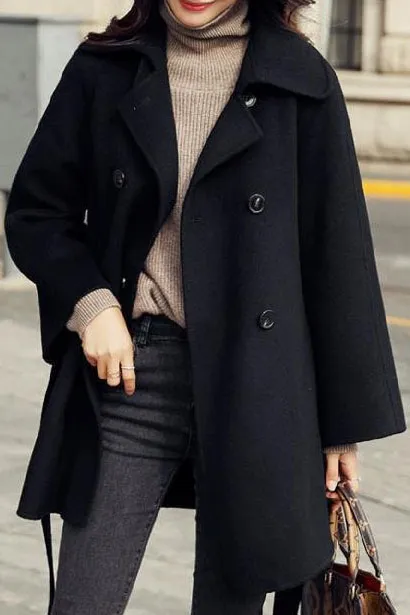 Oversized Solid Lapel Coat in Black