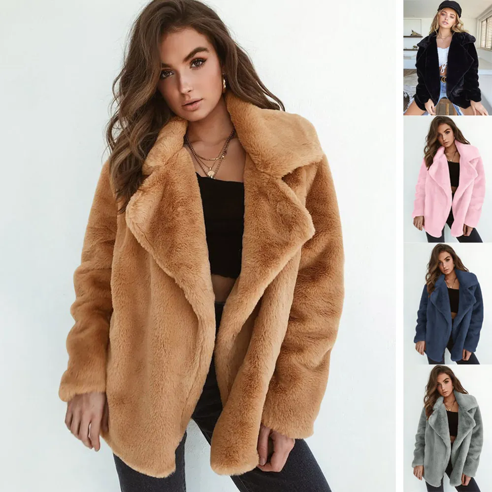 Cozy notched collar oversize fake fur coat