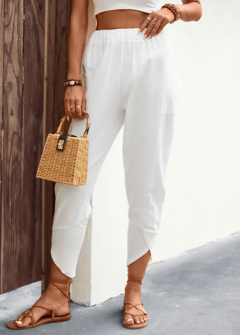 White Patchwork Jogger Elastic Waist High Waisted Pants