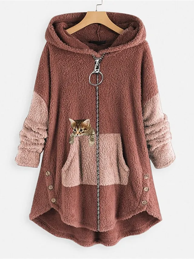 Women's Plus Size Fleece Jacket Teddy Coat Button Pocket Animal Color Block Cat Causal Vacation Long Sleeve Hooded Regular Winter Fall Black Grey Green Black L XL XXL 3XL 4XL
