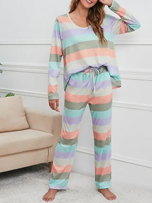 Women's Plus Size Pajamas Sets Nighty Pjs 2 Pieces Rainbow Stripe Fashion Comfort Soft Home Daily Bed Cotton Breathable V Wire Long Sleeve T shirt Tee Pant Fall Spring Blue Yellow