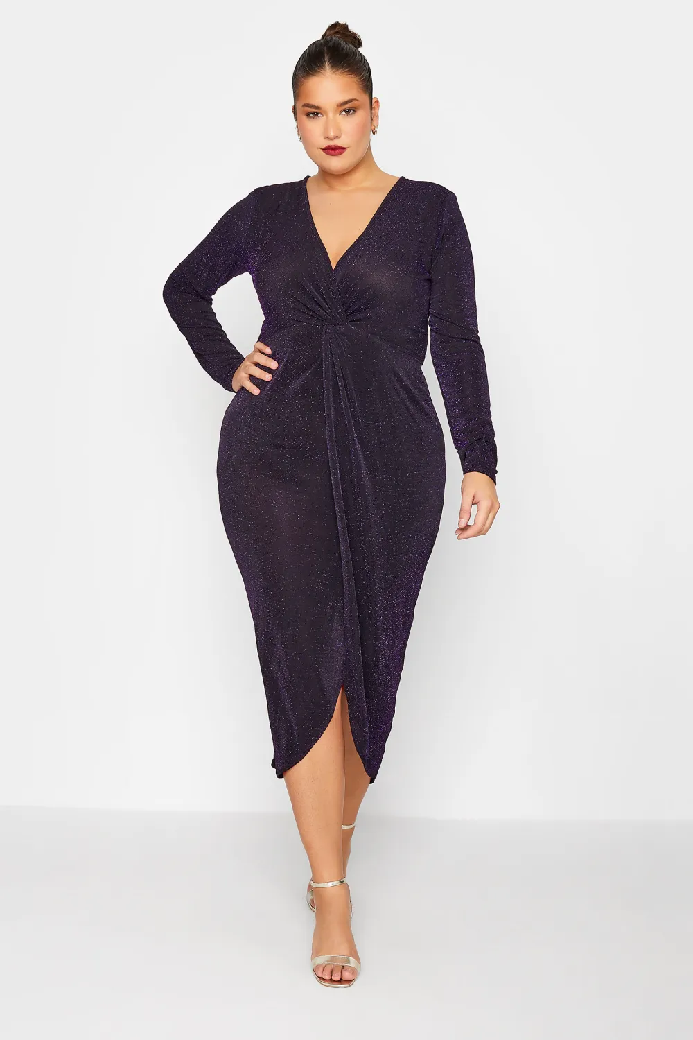 LTS Tall Black & Purple Glitter Twist Wrap Midi Dress