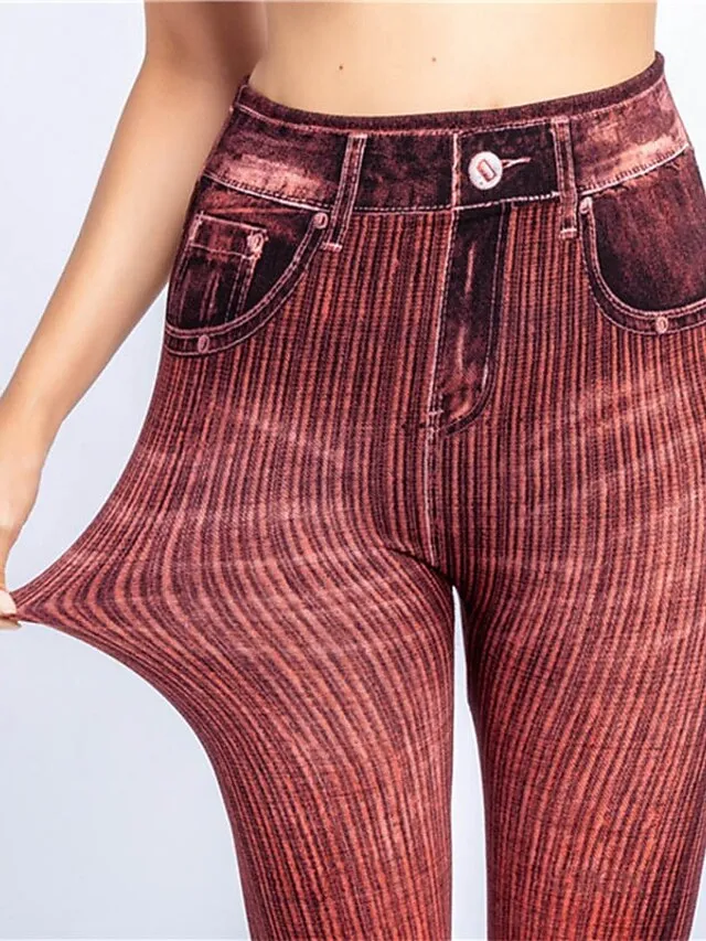 Women's Jeans Skinny Bell Bottom Ankle-Length Faux Denim Print High Elasticity High Waist Tights Casual / Sporty Casual Weekend Black Red S M