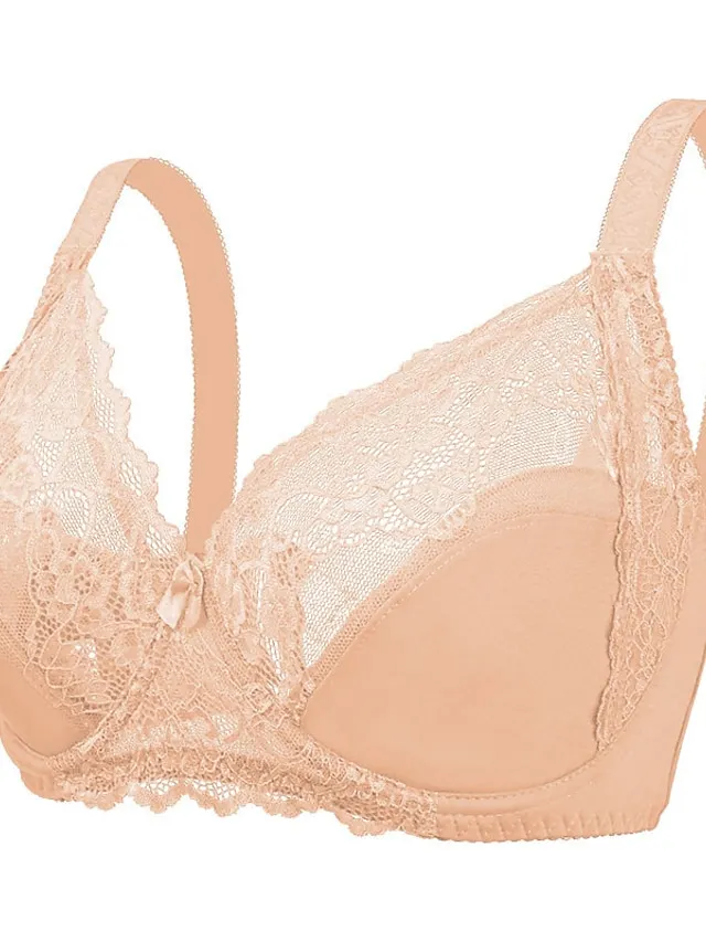Women's Curve Plus Size Bra Solid Floral Lace Deep U Fall Winter Lace Bras 3/4 Cup Black White Red Big Size 85/38E 90/40E 95/42E 100/44E