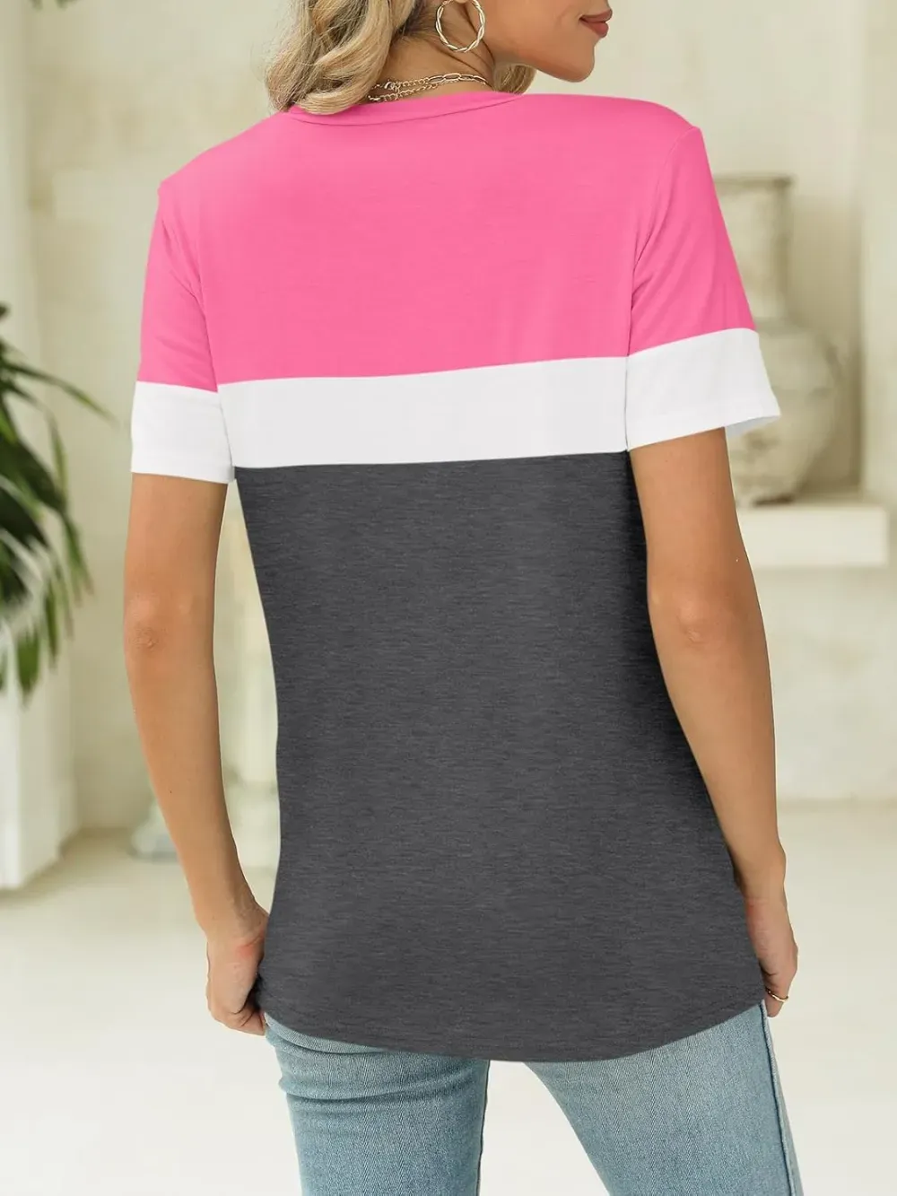 ORANDESIGNE Women's Color Block Short Sleeve T Shirts Casual V Neck Summer Tops Tees Loose Fit Blouses