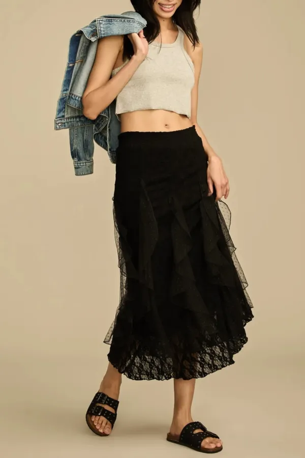Elastic Waist Lace Midi  Skirt