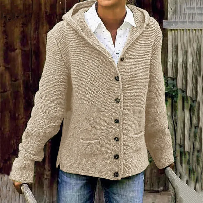 Vintage Double Pocket Hooded Solid Sweater Cardigan