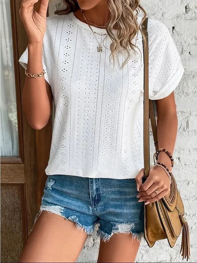 Women's T shirt Tee White Eyelet Tops Light Blue Black White Plain Cut Out Short Sleeve Daily Weekend Basic Round Neck Regular Cotton S