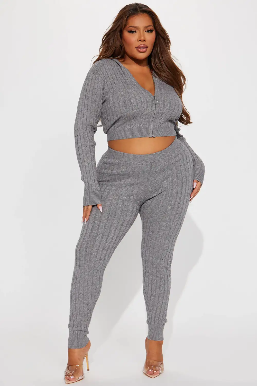 Focused On Me Hooded Cable Knit Legging Set - Heather Grey