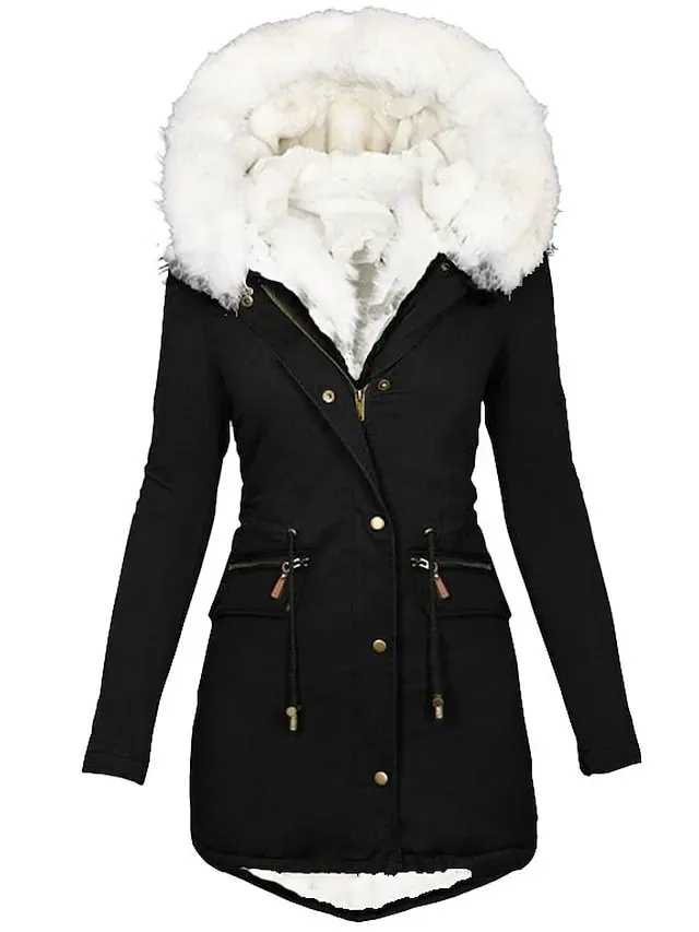 Women's Parka Fleece Lined Puffer Jacket Thicken Winter Coat with Fur Collar Hood Thermal Warm Heated Jacket with Pockets Fall Windproof Zipper Drawstring Outerwear Long Sleeve