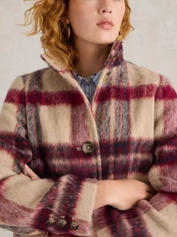 Check Coat In Pink Multi