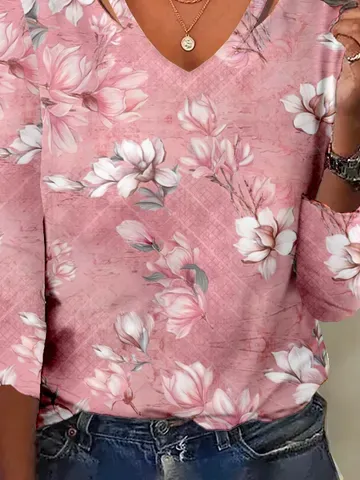 Casual Floral V Neck Three Quarter Sleeve T-shirt