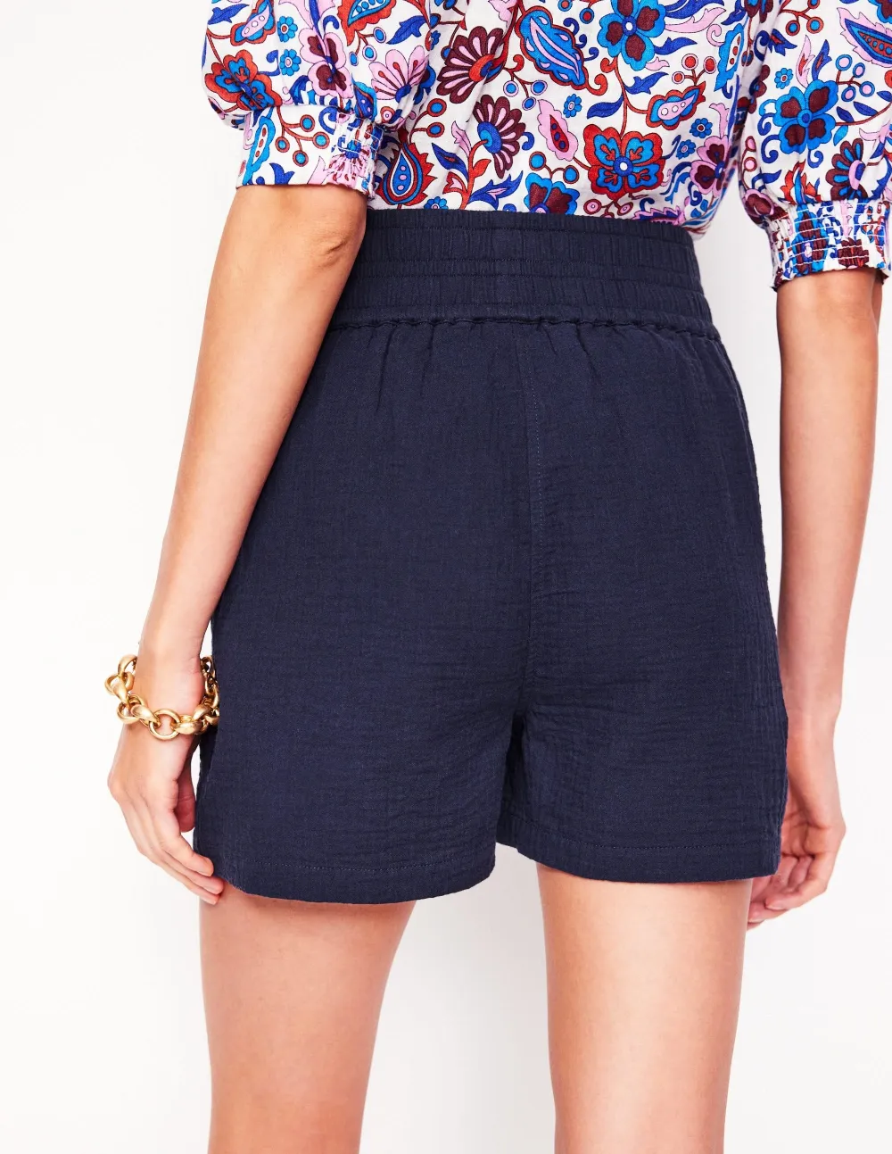 Navy Smocked Double Cloth Shorts