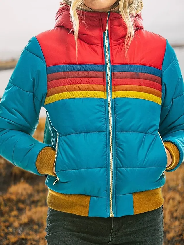 Women's Parka Zipper Puffer Jacket Windproof Warm Winter Coat Comtemporary Stylish Casual Jacket Long Sleeve with Pockets Full Zip Lake blue Black Dark