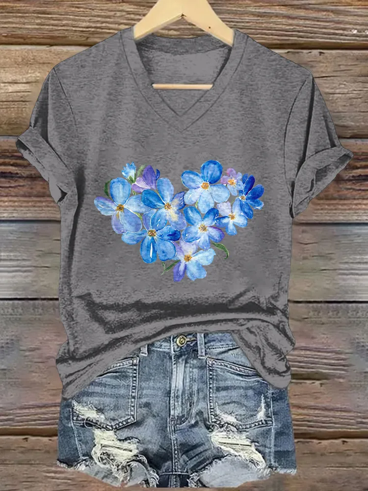 Women'S Heart-Shaped Flower Printed Alzheimer'S Awareness V-Neck T-Shirt
