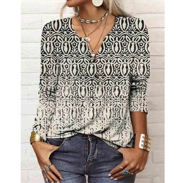 Women's Plus Size Shirt Blouse Black Pink Wine Paisley Color Gradient Vintage Button Print Long Sleeve Daily Casual V Neck Regular Fit Fall & Winter