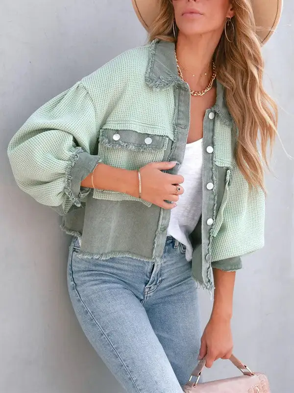 Waffle Patchwork Buttons Wash Jacket