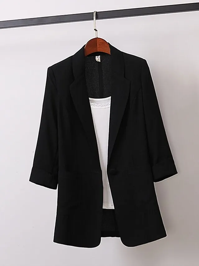 Women's Blazer Outdoor Office Office / Career Spring Summer Fall Regular Coat Regular Fit Breathable Basic Simple Modern Style Jacket 3/4 Length Sleeve Solid Color Pure Color with Pockets White Black