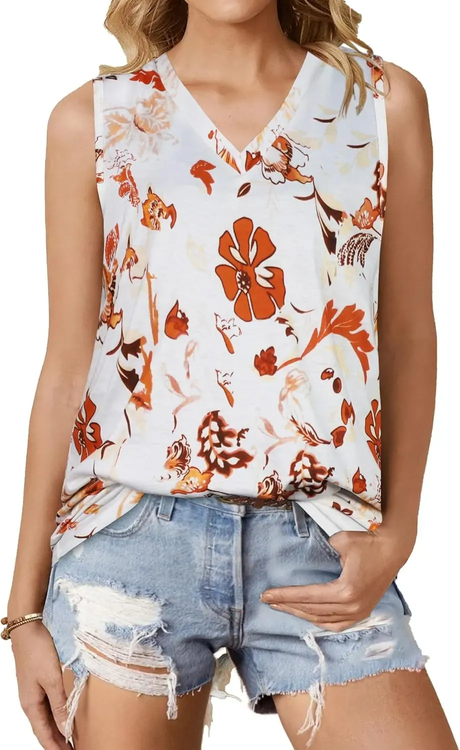 Summer Tops for Women Sleeveless V Neck Tshirt Loose Fit Casual Tank Tunic Blouse