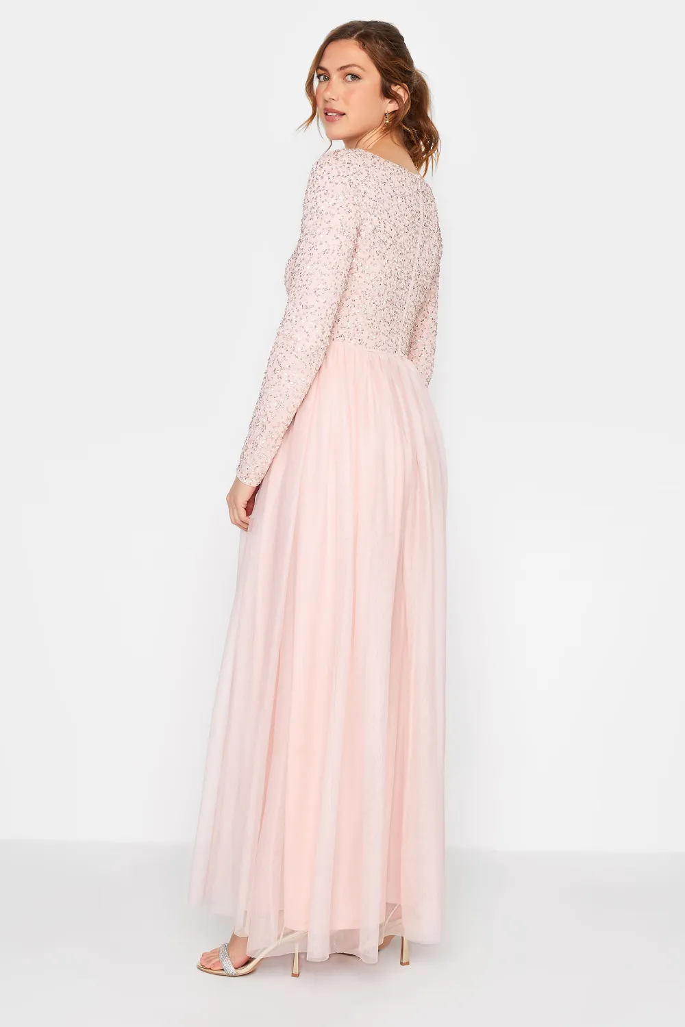 LTS Tall Blush Pink Long Sleeve Sequin Hand Embellished Maxi Dress