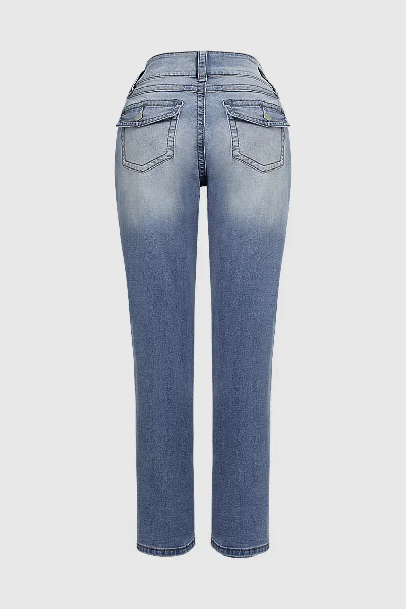 Double Button Mid Waist Straight Leg Jeans