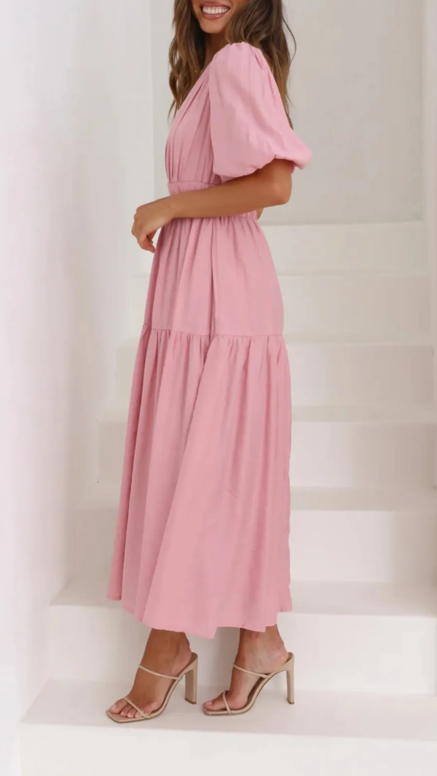 Solid Color Puffy Midi Dress