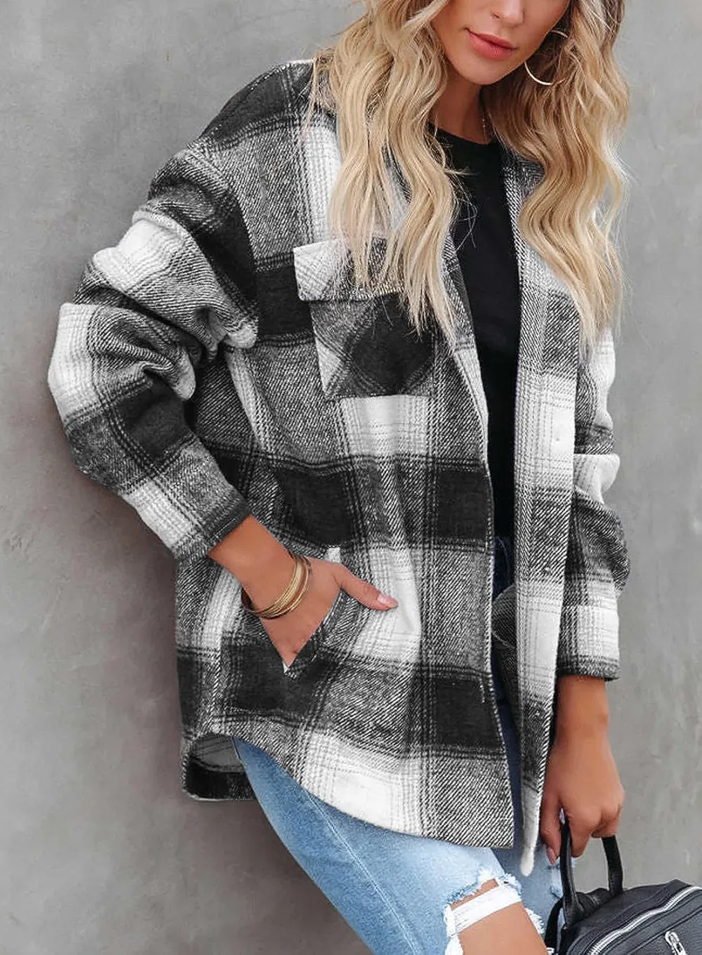 Women's Flannel Plaid Shacket Long Sleeve Button Down Chest Pocketed Shirts Jacket Coats