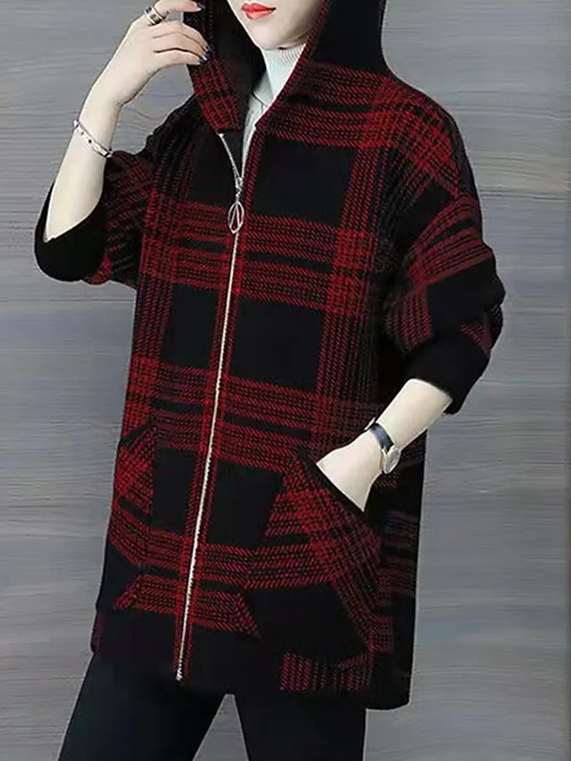 Women's Hoodie Jacket Fall Zip up Sweatshirt Plaid Print Winter Cropped Coat Windproof Warm Casual Jacket Long Sleeve Plaid with Pockets Black
