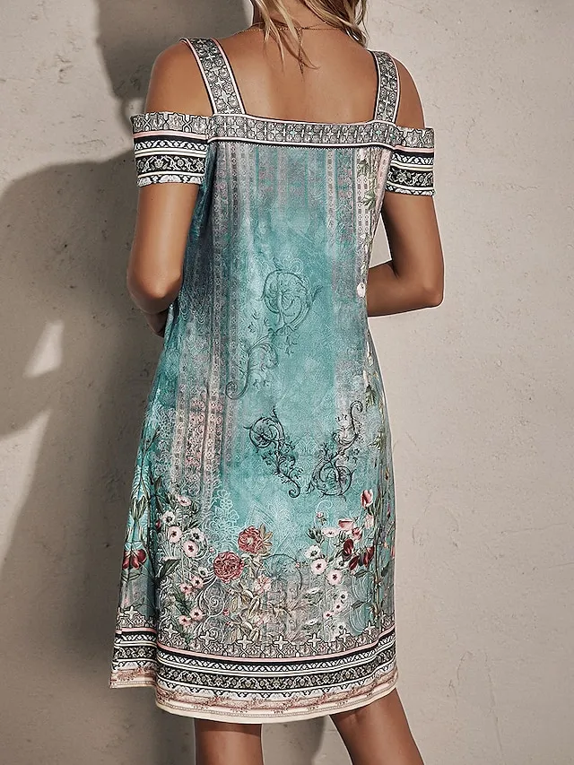 Women's Casual Dress Ethnic Dress Summer Dress Floral Tribal Cut Out Print V Neck Mini Dress Active Fashion Outdoor Daily Short Sleeve Regular Fit Red Blue Green Summer Spring S M L XL XXL