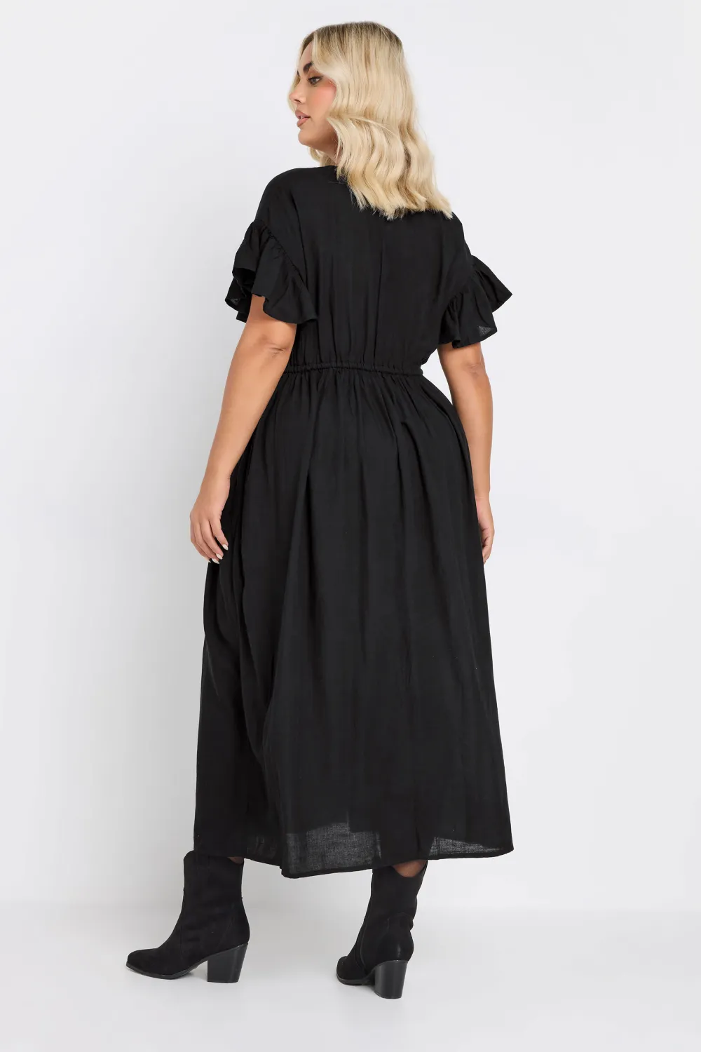 YOURS Curve Black Frill Sleeve Linen Maxi Dress