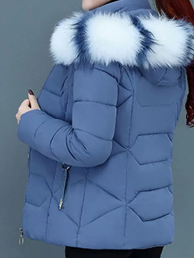 Women's Parka Cropped Puffer Jacket Winter Coat Zip up Hooded Coat with Removable Fur Collar Thermal Warm Heated Coat Fall Outerwear with Pockets Warm Classic Long Sleeve Blue