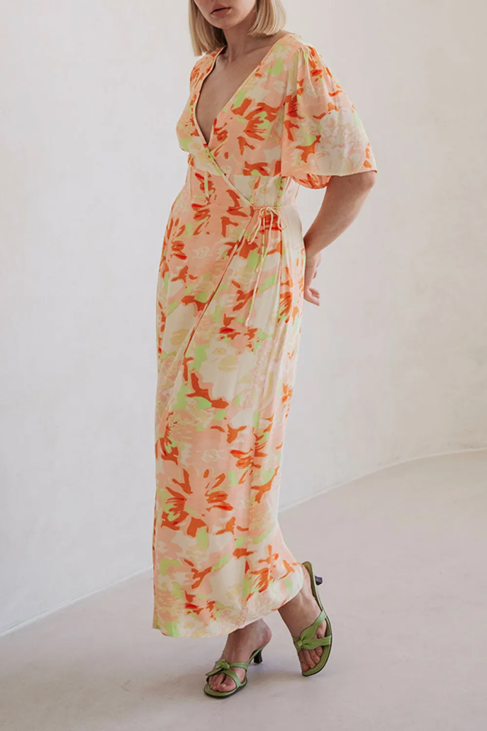 Floral Print Wrap Style Slit Midi Dress