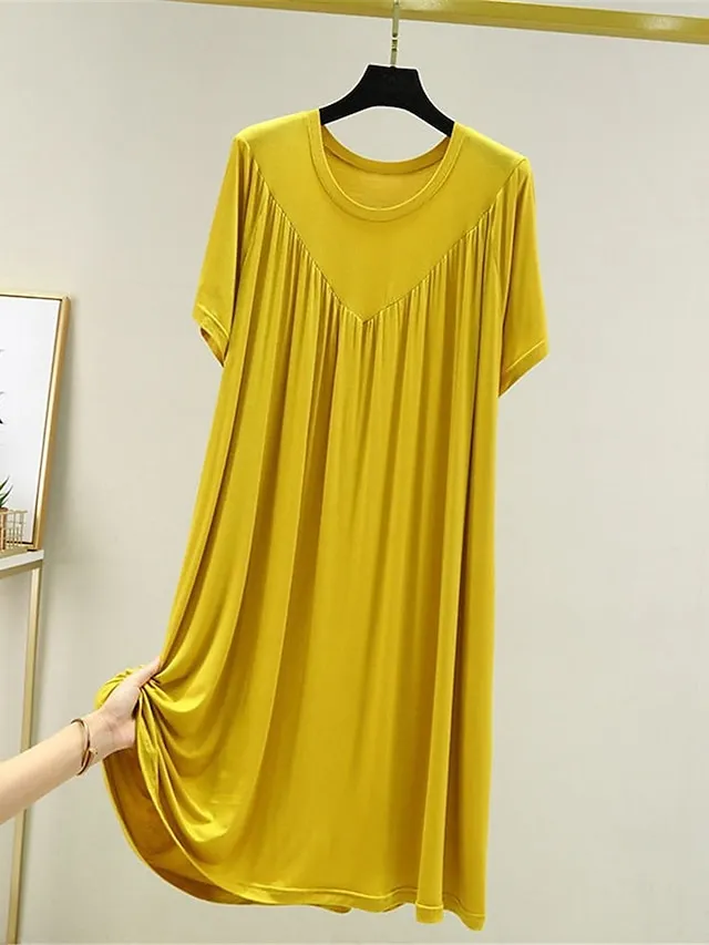 Women's Pajamas Nightgown Nightshirt Dress Pure Color Simple Casual Soft Home Daily Bed Polyester Breathable Crew Neck Short Sleeve Summer Spring Black Yellow