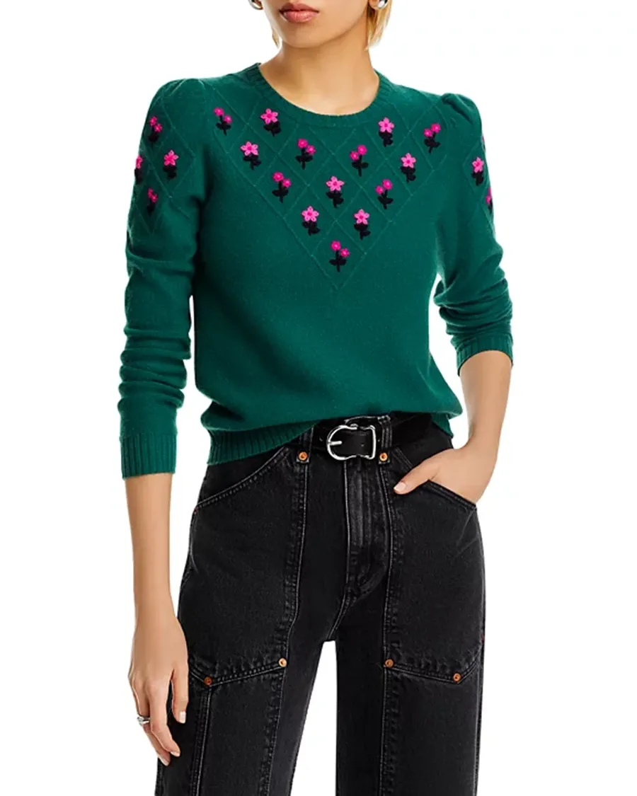 Puff Sleeve Embroidered Floral Cashmere Sweater