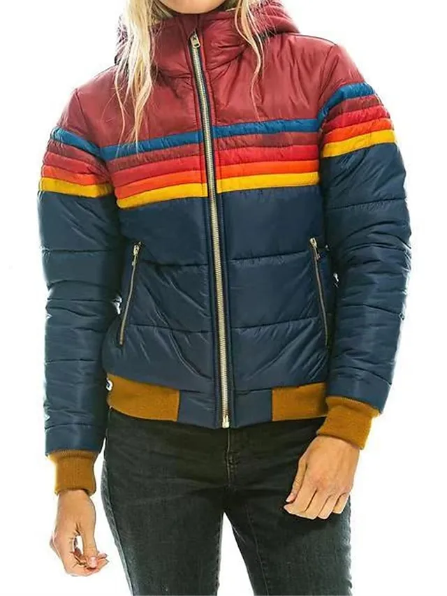 Women's Parka Zipper Puffer Jacket Windproof Warm Winter Coat Comtemporary Stylish Casual Jacket Long Sleeve with Pockets Full Zip Lake blue Black Dark