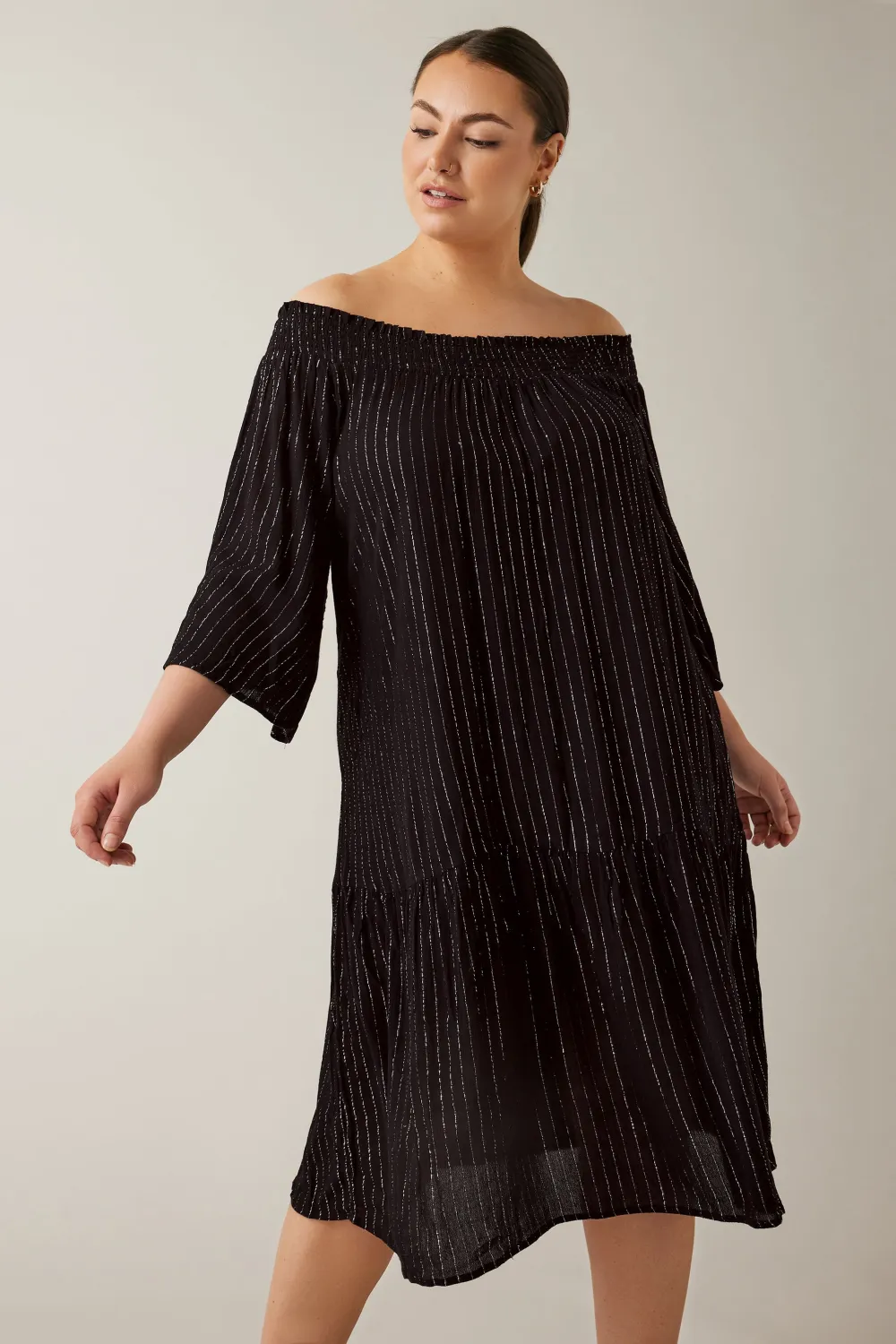Evans Black Metallic Stripe Tiered Midi Beach Dress